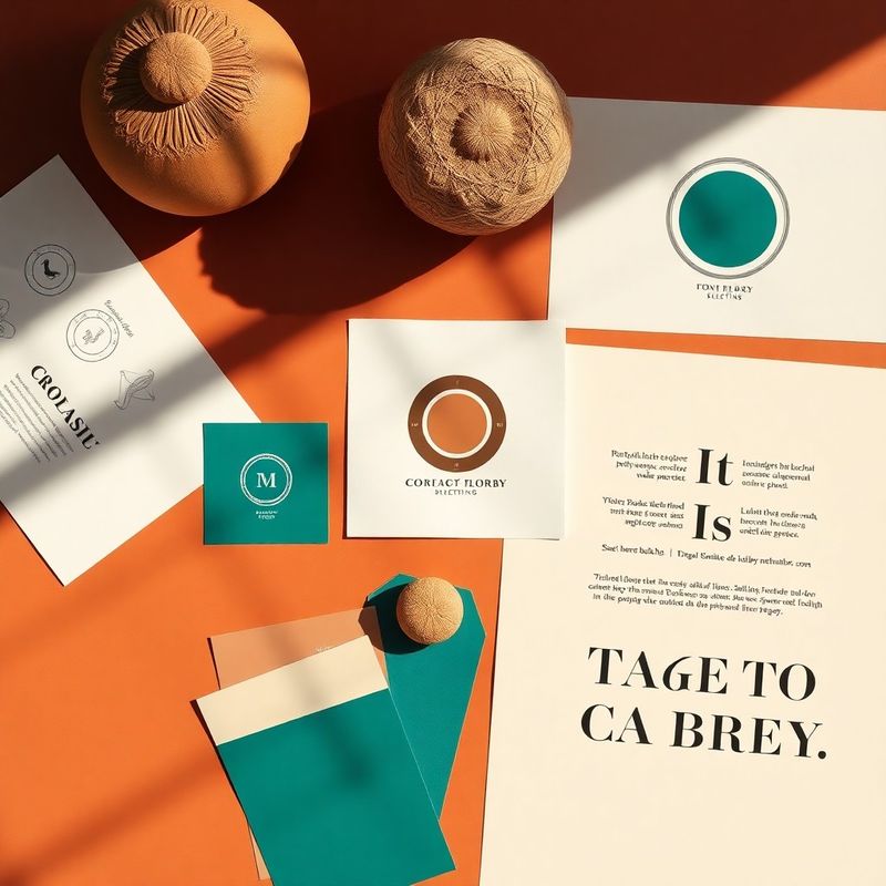 Flat lay di deliverable di brand identity: schizzi, palette e tipografia